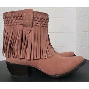 Frye Sacha Fringe Booties 8.5B Rose Taupe Suede Woven Western Ankle Boots NWOB